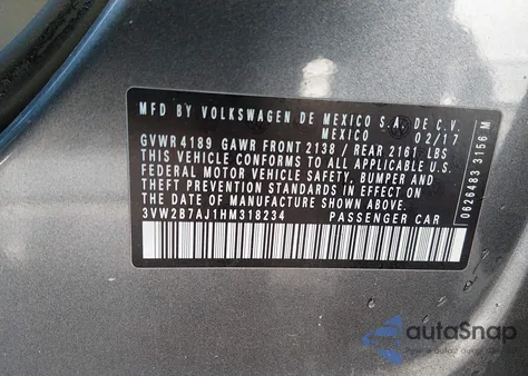 2017 Volkswagen Jetta 1.4T S z USA, uszkodzony, nr VIN 3VW2B7AJ1HM318234